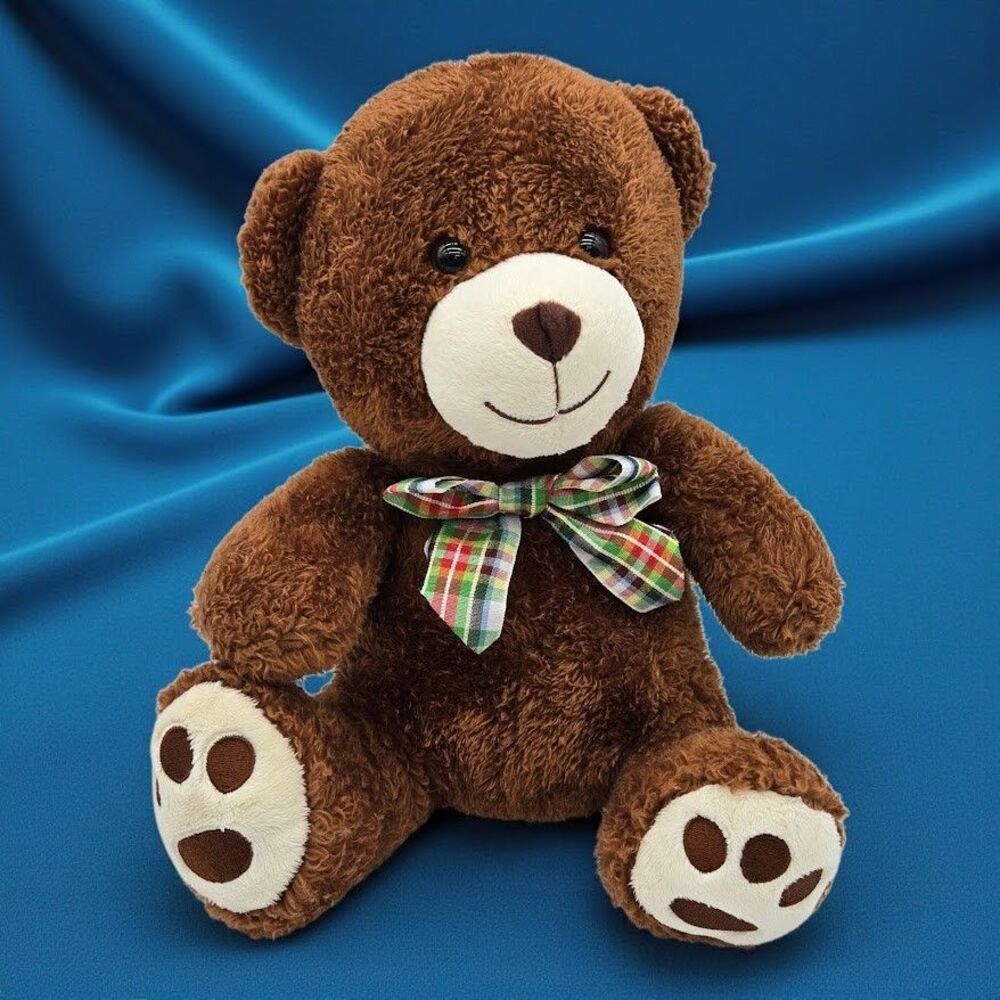 Go! Games - Soft Vintage Brown Teddy Bear with Plaid Bow - 11" Plush Stuffed Toy